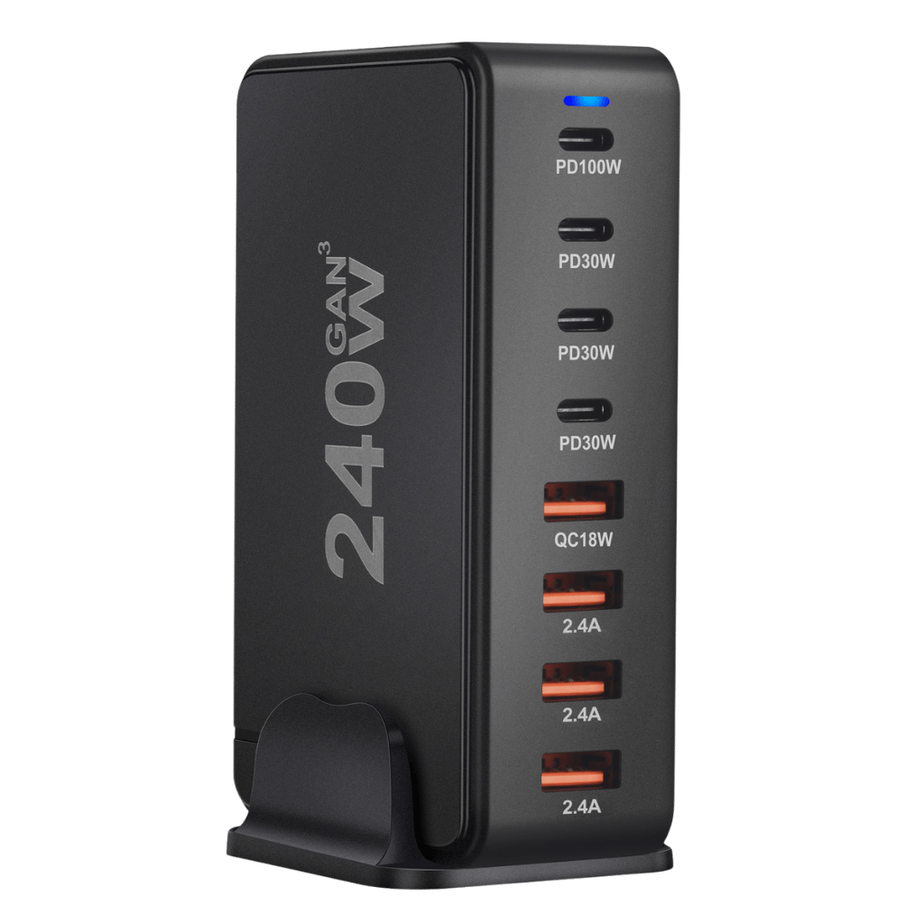 240W GaN 8-Port USB-C Charger with advanced GaN technology, featuring four USB-C PD ports and four USB-A QC ports for ultra-fast and efficient multi-device charging. Compact and lightweight design suitable for home, office, and travel use.