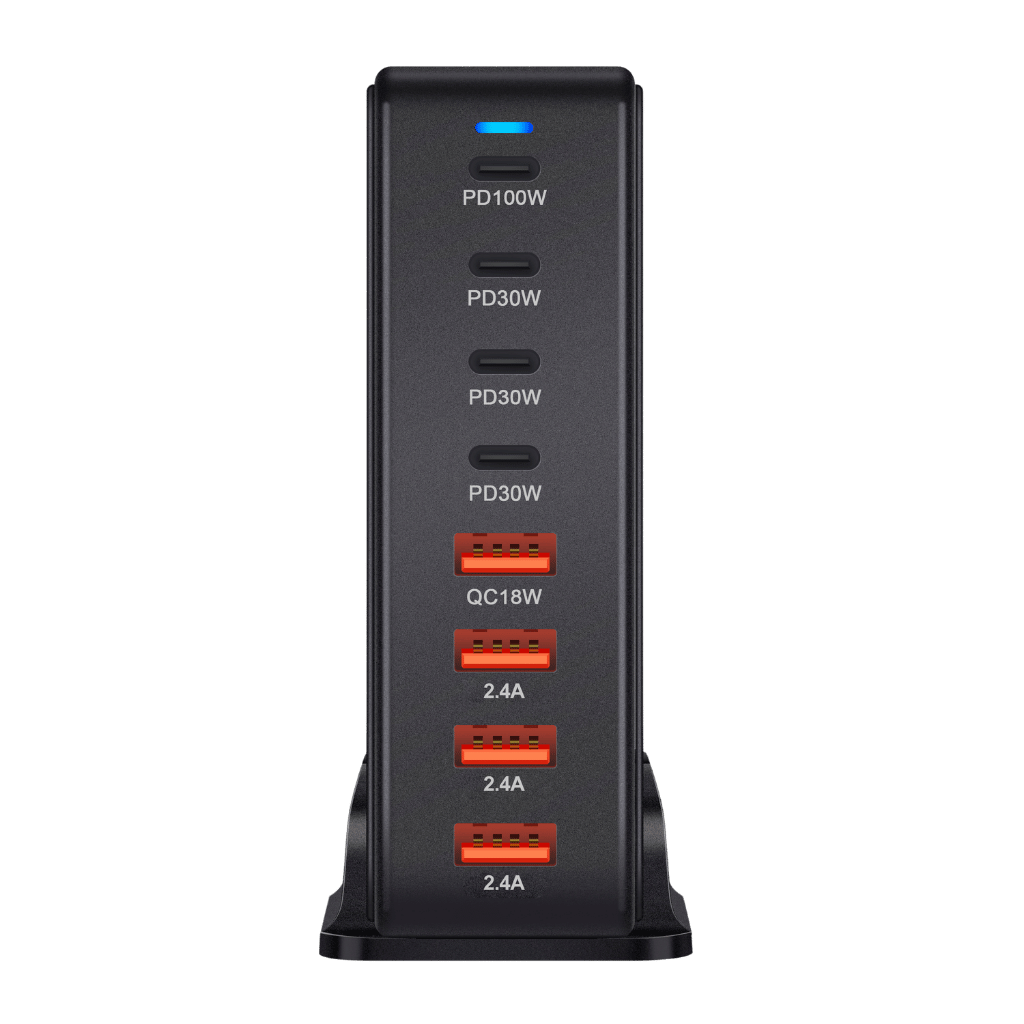 240W GaN 8-Port USB-C Charger with advanced GaN technology, featuring four USB-C PD ports and four USB-A QC ports for ultra-fast and efficient multi-device charging. Compact and lightweight design suitable for home, office, and travel use.