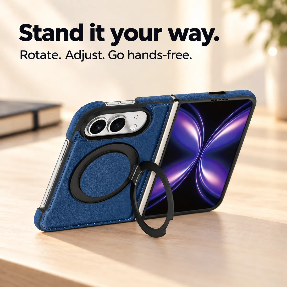 Textured synthetic leather folding phone case with its ring stand deployed on a desk. #color_Deep Blue