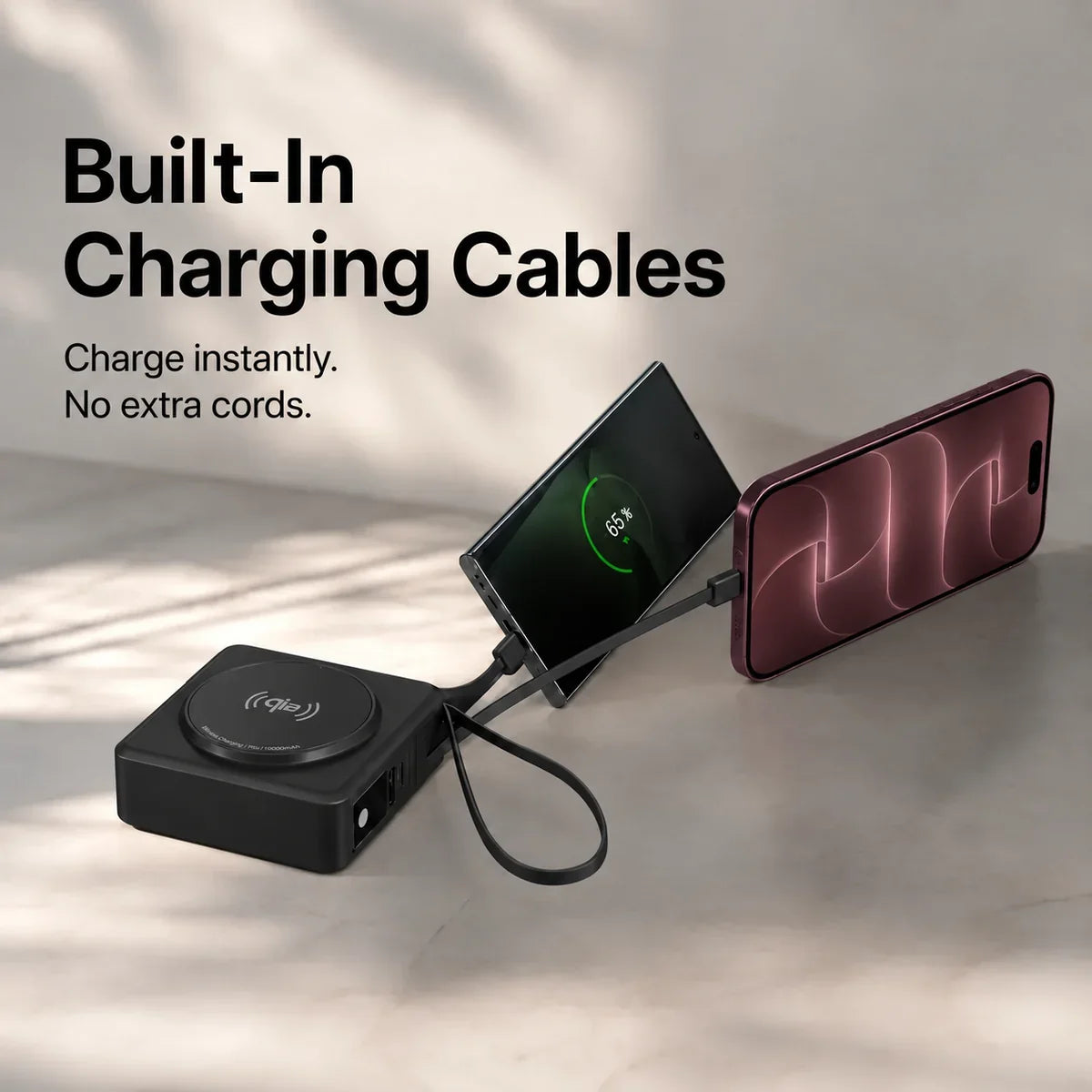 Midnight Black travel power bank using built in charging cables. #color_Midnight Black