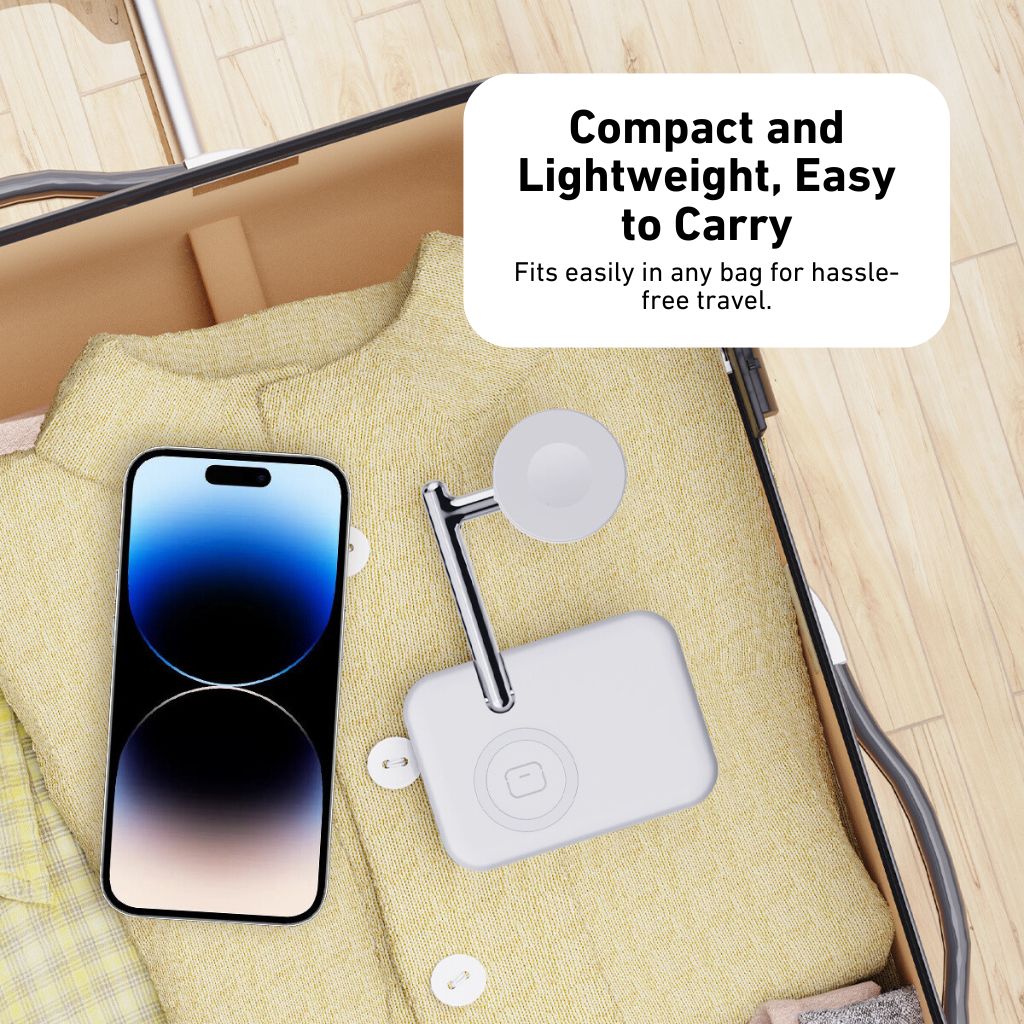 2-in-1 wireless charger for Apple Watch and AirPods, fast charging station, compact and portable, foldable design, adjustable angles, compatible with Apple Watch Ultra, Series 8, 7, 6, 5, 4, 3, 2, SE, and AirPods Pro, Pro 2, 3, 2, Type-C input, overcharge protection, for desk and travel use.