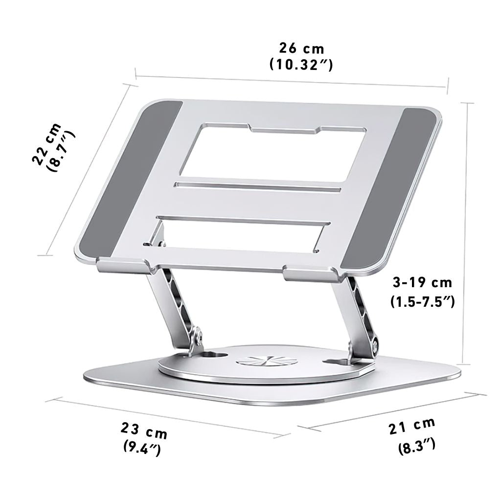 Laptop Stand with 360° swivel for laptops and tablets up to 17 inches. Features a foldable, ergonomic design, non-slip silicone pads for stability, and open structure for heat dissipation. Ideal for enhancing productivity and comfortable viewing angles.