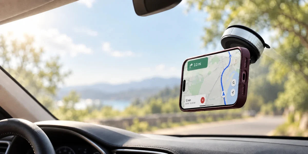 Black magnetic suction phone holder on a car windshield with a phone displaying navigation.