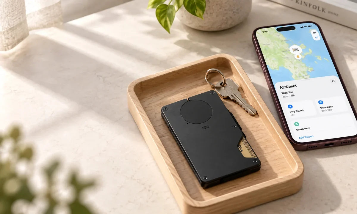 Black tracker wallet and keys in a wooden tray beside a phone displaying a location map.