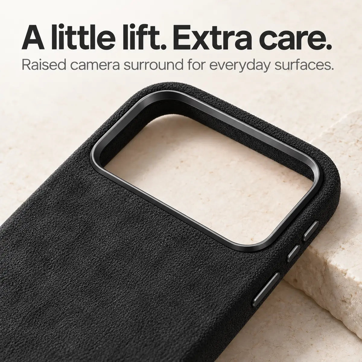 Black fabric phone case with a close view of the raised camera surround. #color_Midnight Black