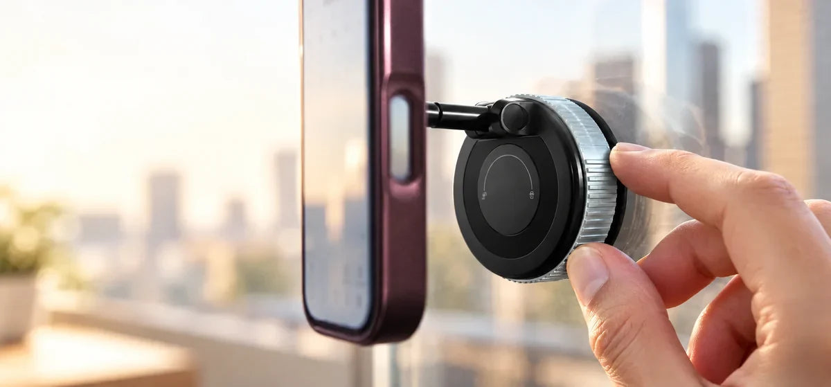 Finger turning the locking base of a black suction phone mount attached to glass.