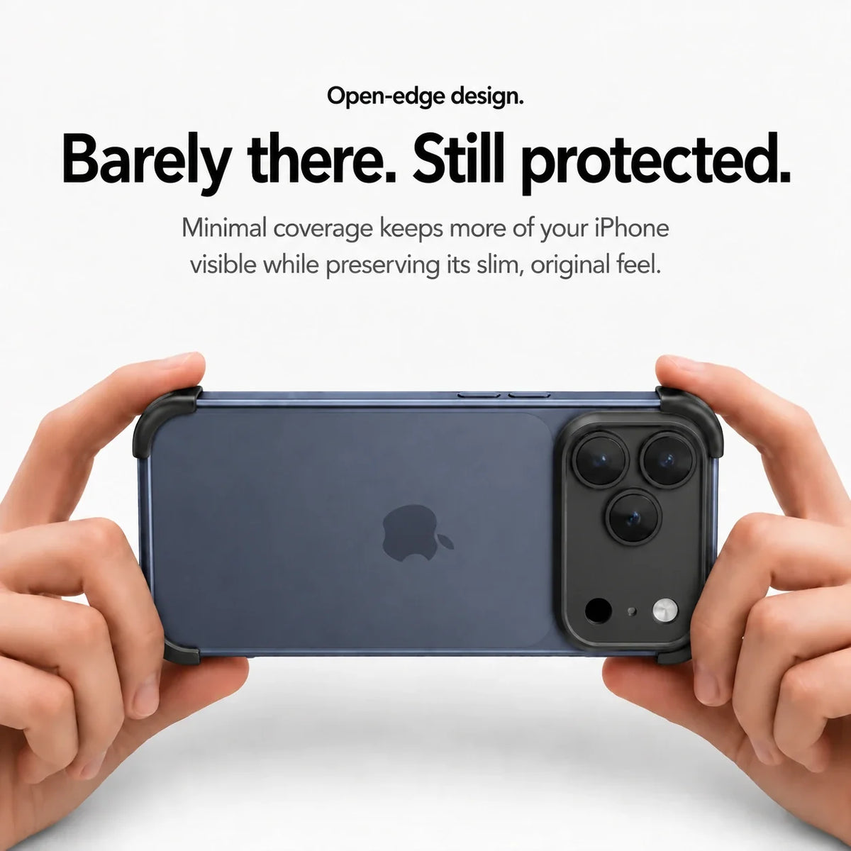 Black open-back phone bumper held horizontally in two hands #color_Midnight Black