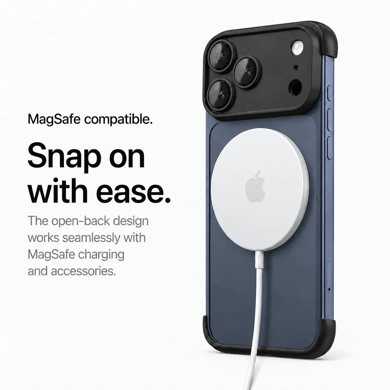 Black open-back phone bumper attached to a white magnetic wireless charging puck #color_Midnight Black