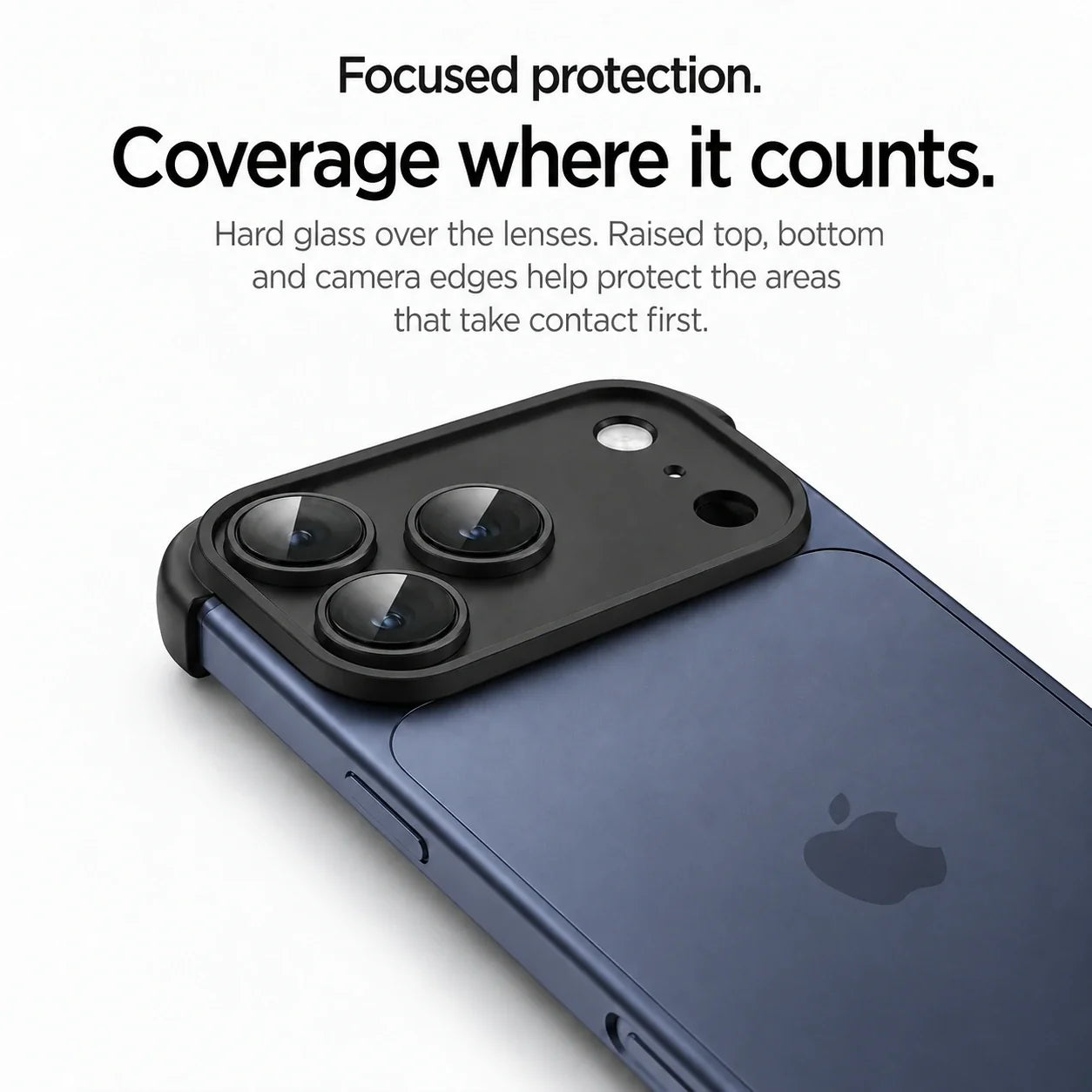 Black phone bumper in close-up showing the raised camera surround and clear lens covers #color_Midnight Black