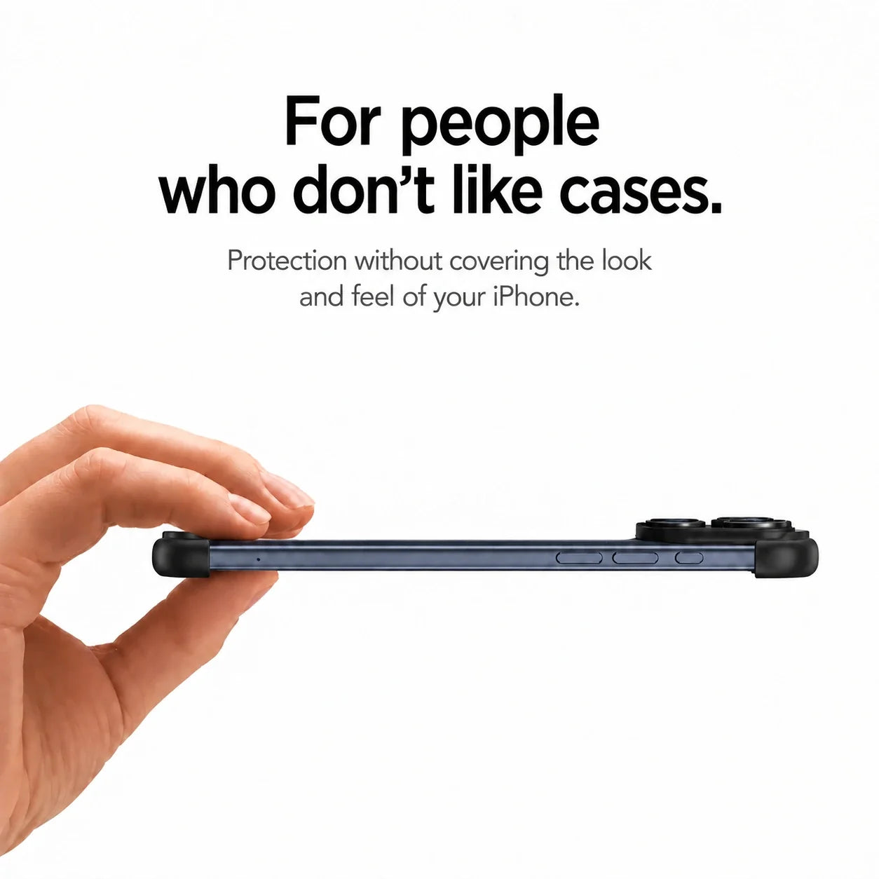 Black slim phone bumper held horizontally to show its thin side profile #color_Midnight Black