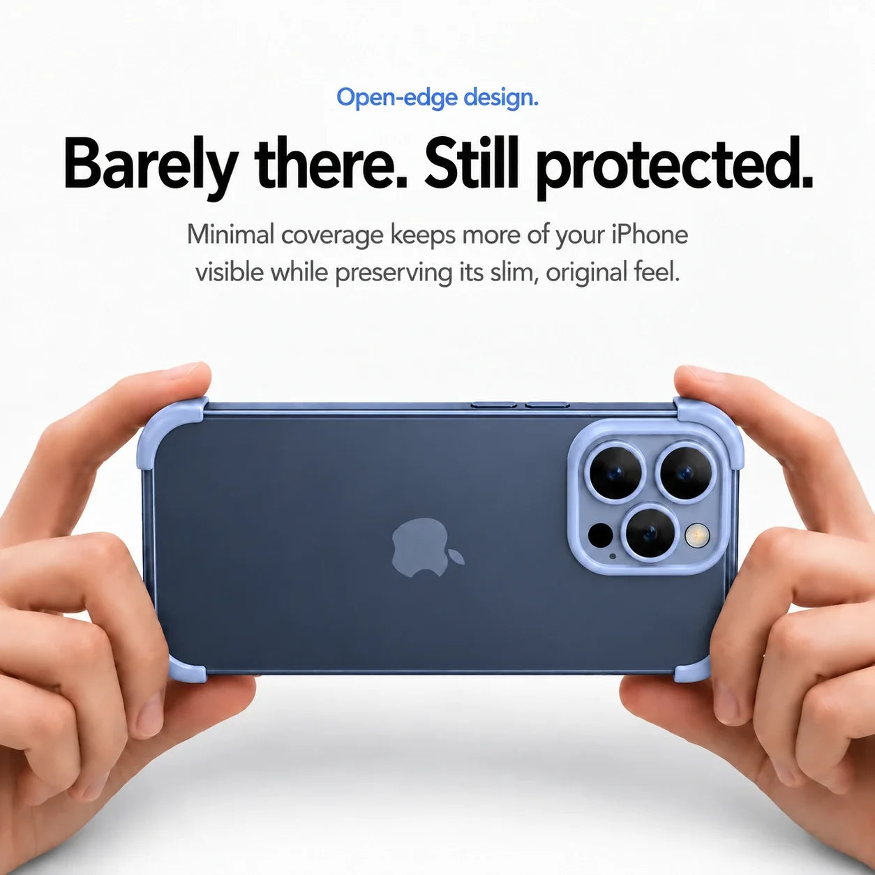 Blue open-back phone bumper held horizontally in two hands #color_Deep Blue