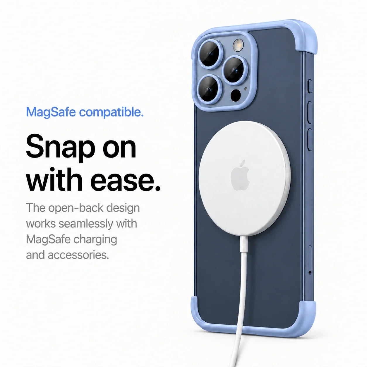 Blue open-back phone bumper attached to a white magnetic wireless charging puck #color_Deep Blue