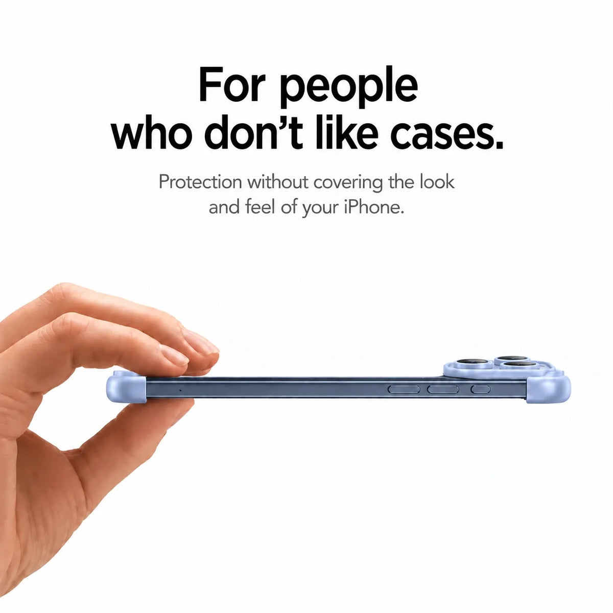 Blue slim phone bumper held horizontally to show its thin side profile #color_Deep Blue