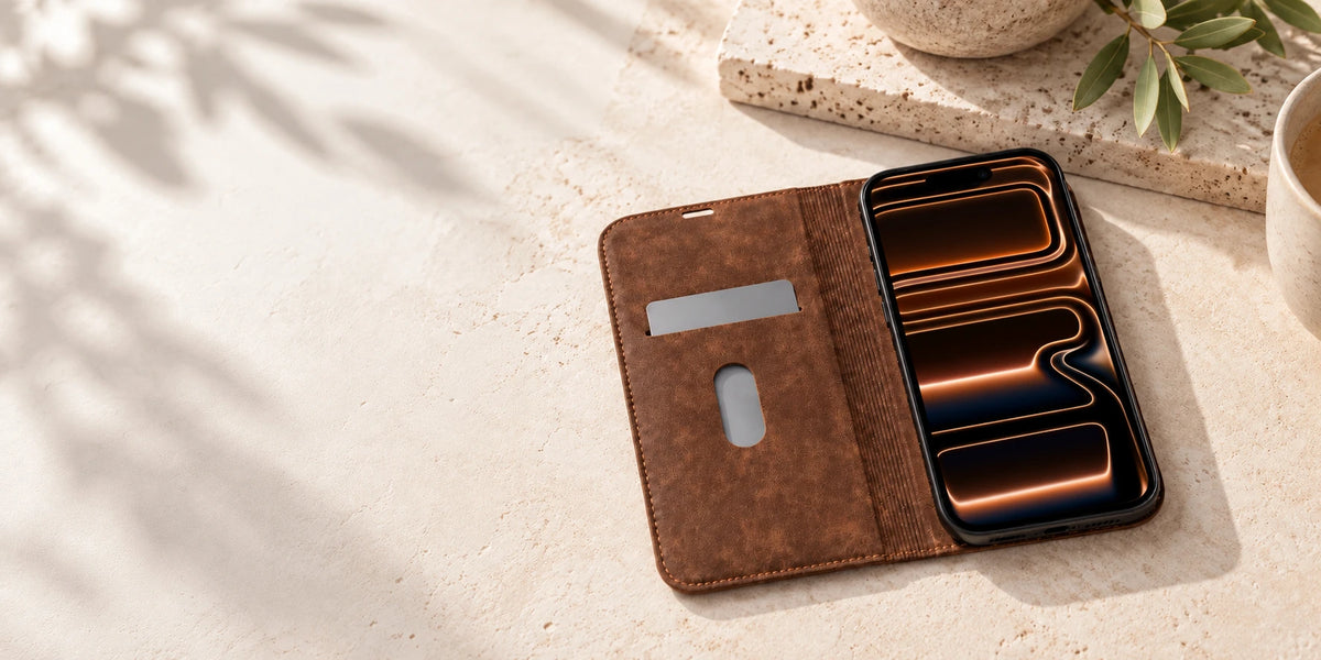 An open brown folio wallet case holding a phone with its matching orange wallpaper.