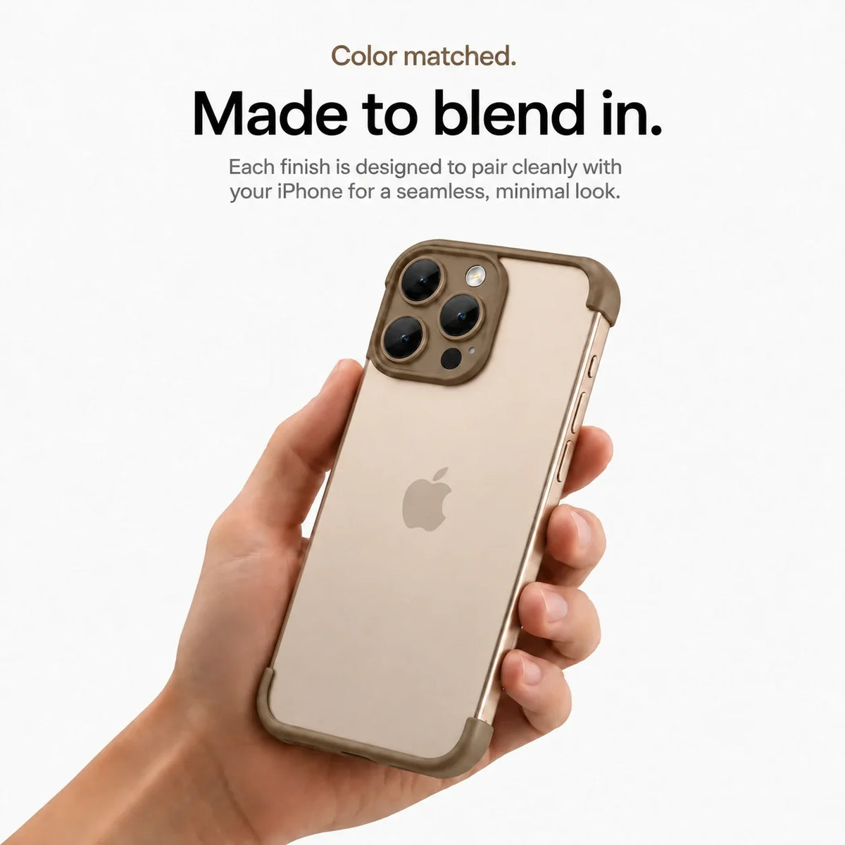 Brown open-back phone bumper held upright in one hand #color_Mocha Brown