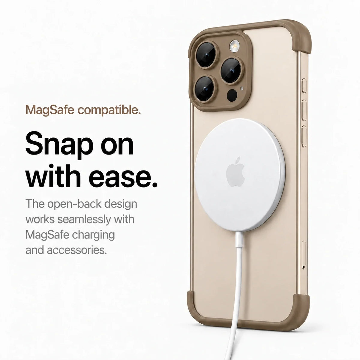 Brown open-back phone bumper attached to a white magnetic wireless charging puck #color_Mocha Brown