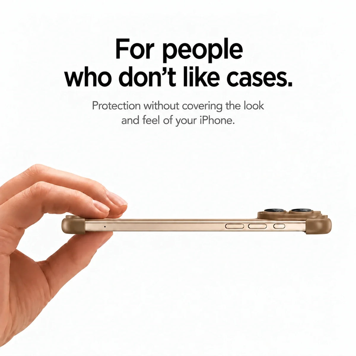 Brown slim phone bumper held horizontally to show its thin side profile #color_Mocha Brown