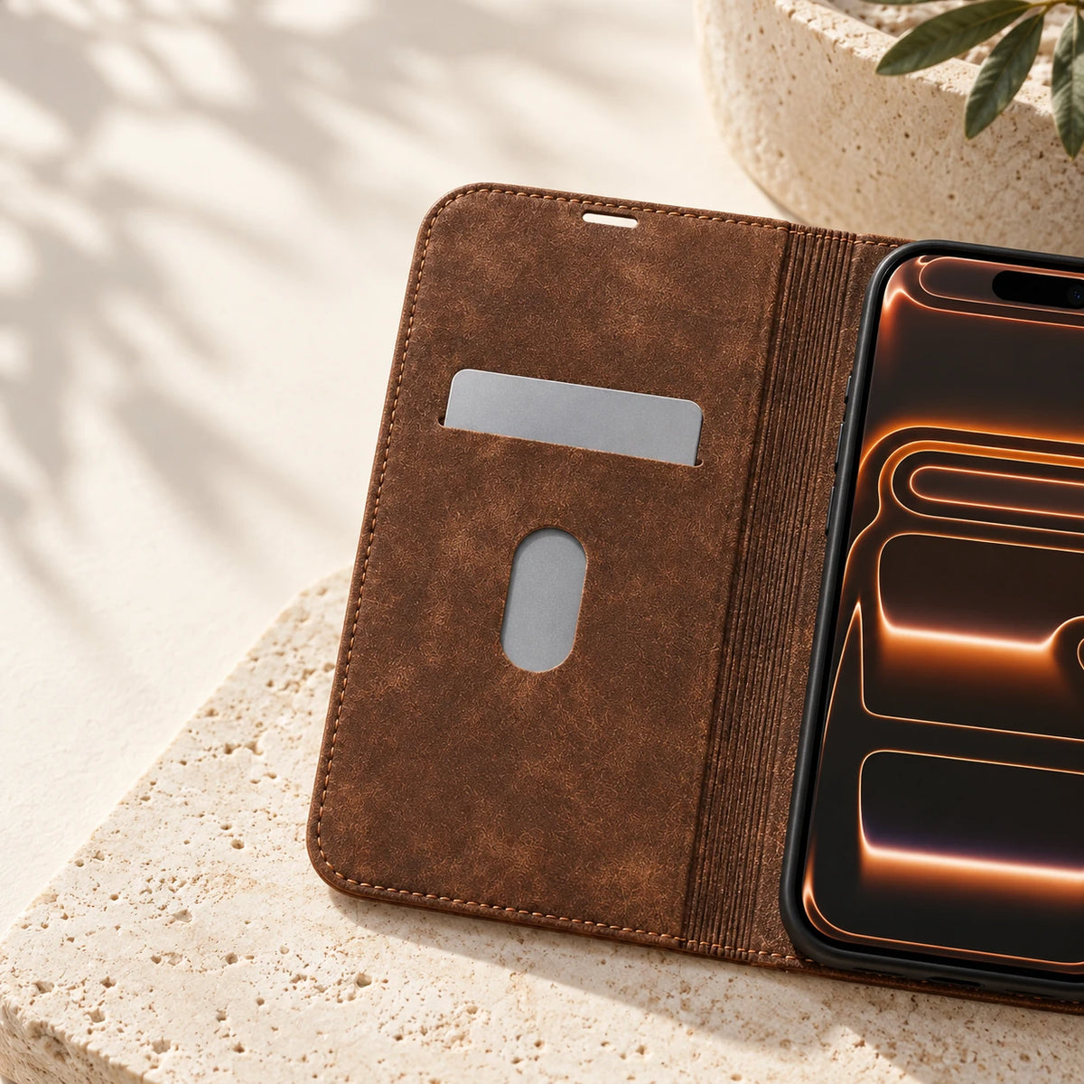 Close-up of brown wallet-case stitching and its card slot.