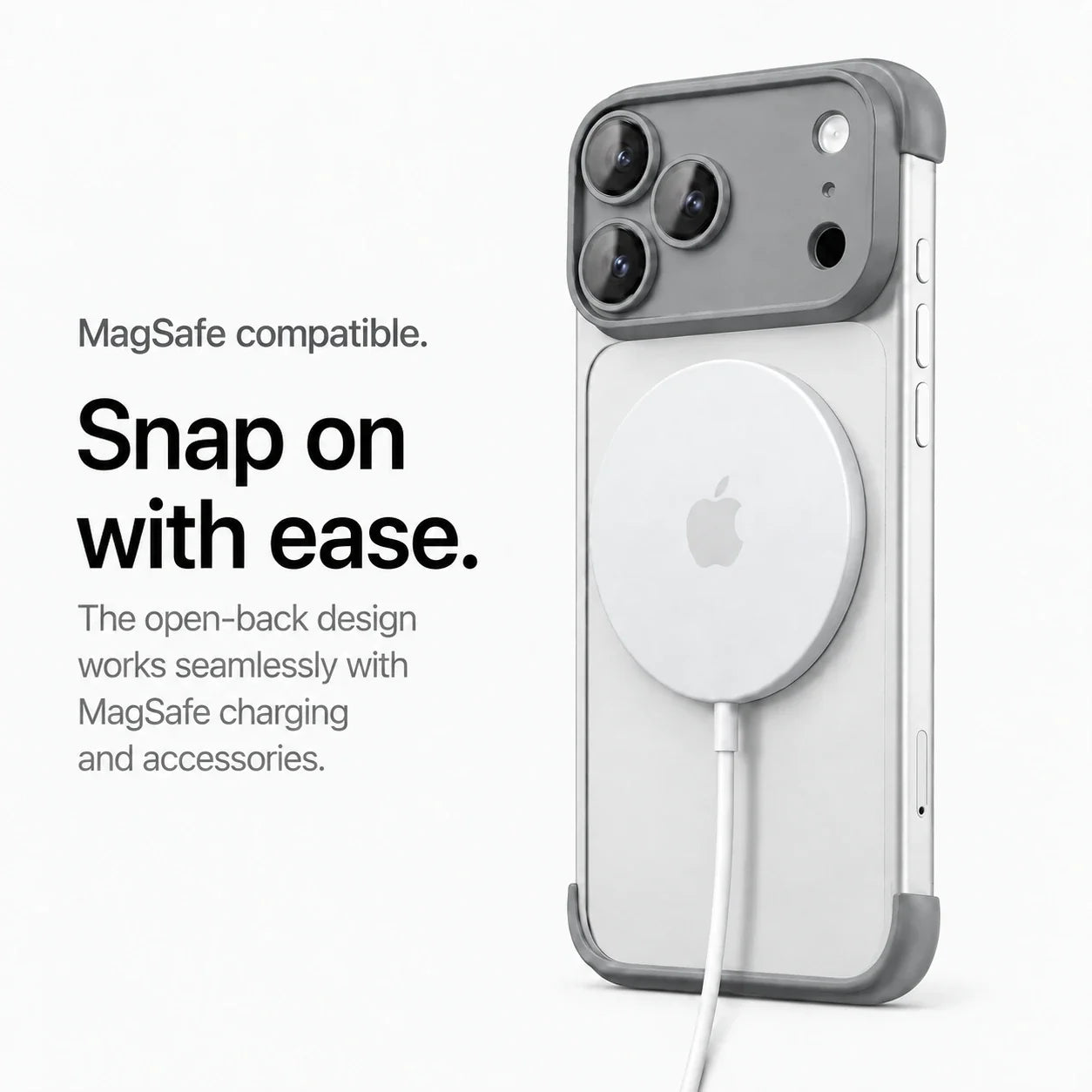 Gray open-back phone bumper attached to a white magnetic wireless charging puck #color_Slate Gray