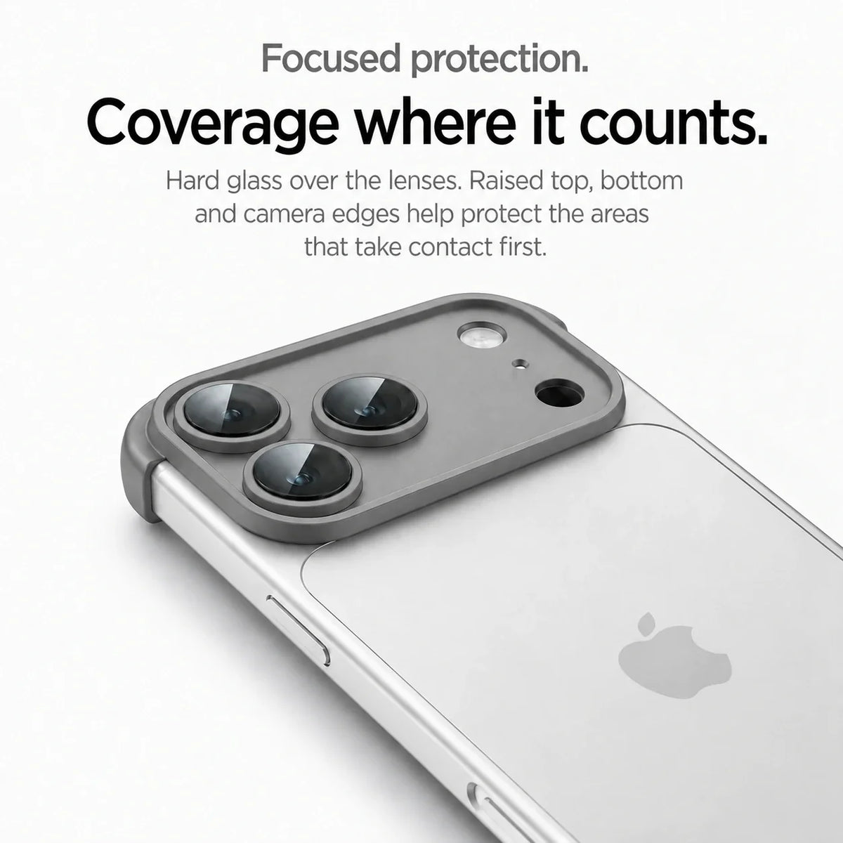 Gray phone bumper in close-up showing the raised camera surround and clear lens covers #color_Slate Gray