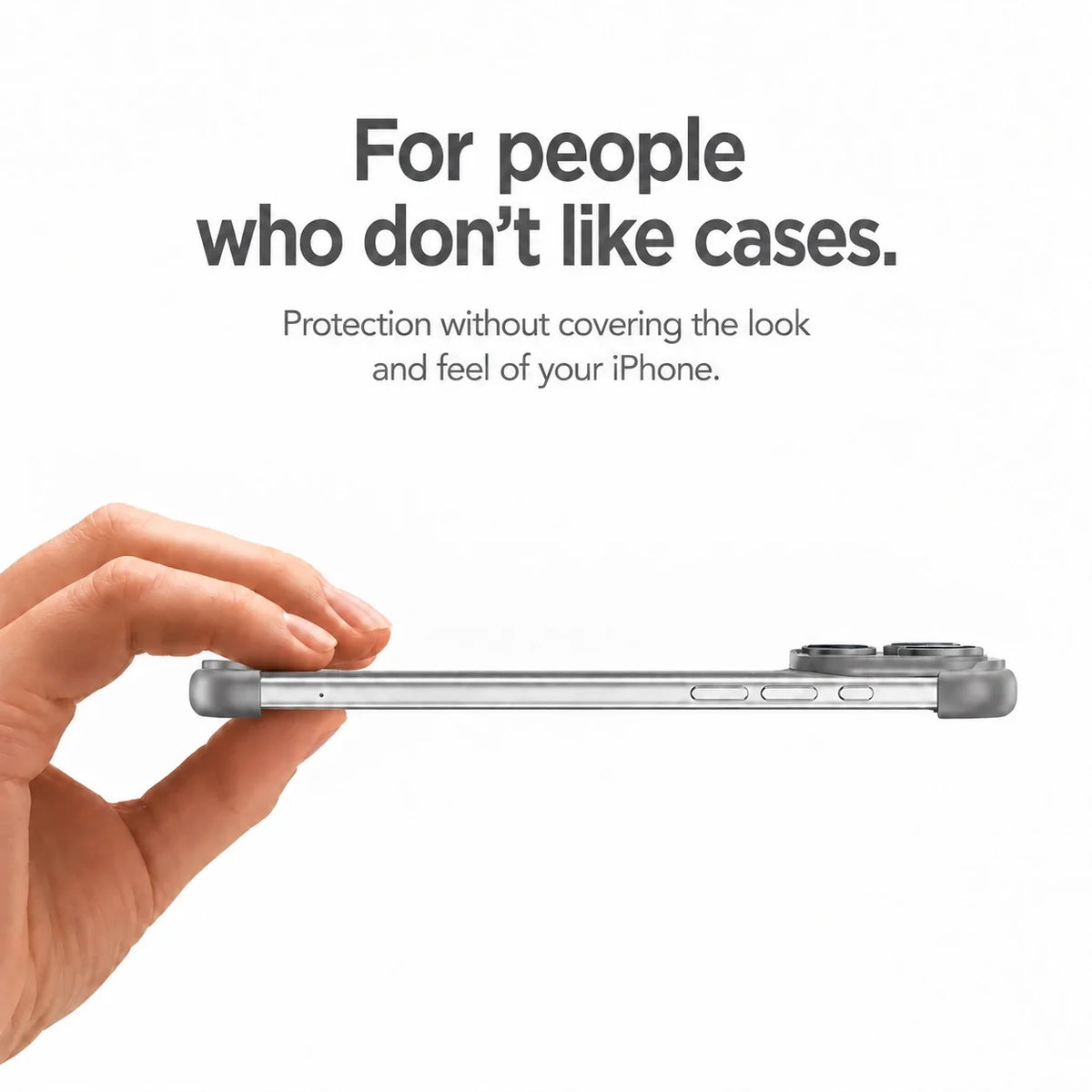 Gray slim phone bumper held horizontally to show its thin side profile #color_Slate Gray