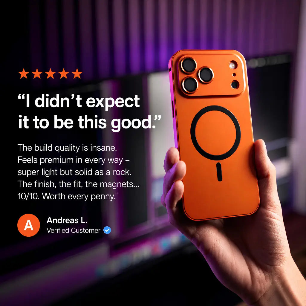 Premium aluminum iPhone 18 Pro Max case with magnetic charging support #color_Cosmic Orange
