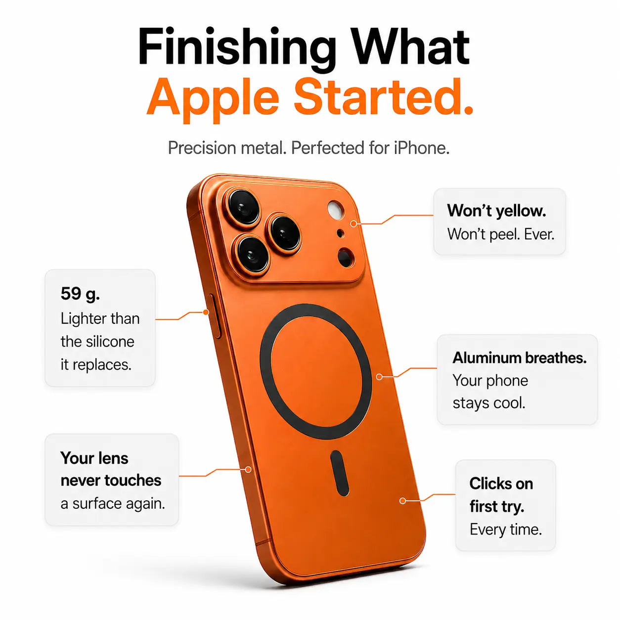 Slim metal iPhone case with magnetic charging support #color_Cosmic Orange
