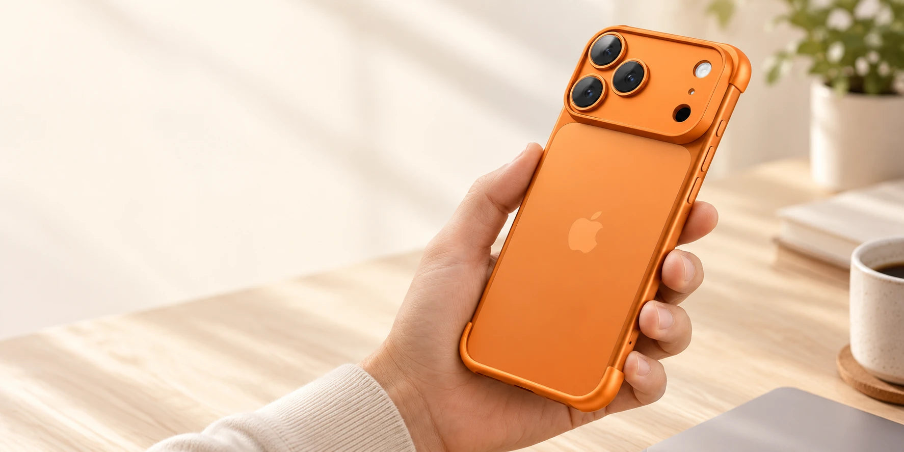 Hand holding an orange phone with compact corner guards, a camera cover and an exposed back.