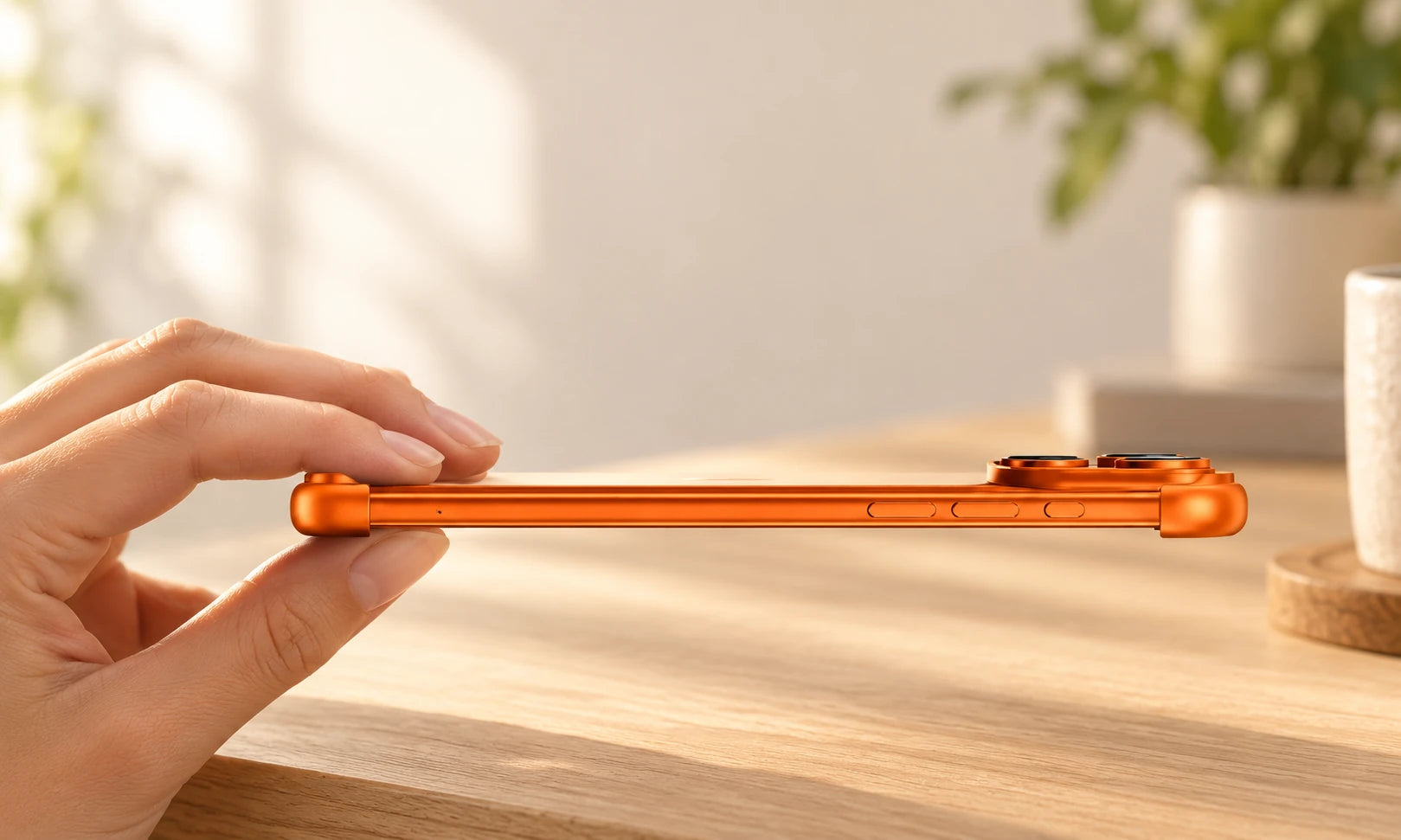 Hand holding an orange phone sideways, showing its thin corner guards and exposed side buttons.