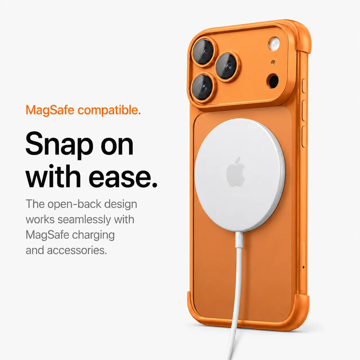 Orange open-back phone bumper attached to a white magnetic wireless charging puck #color_Cosmic Orange