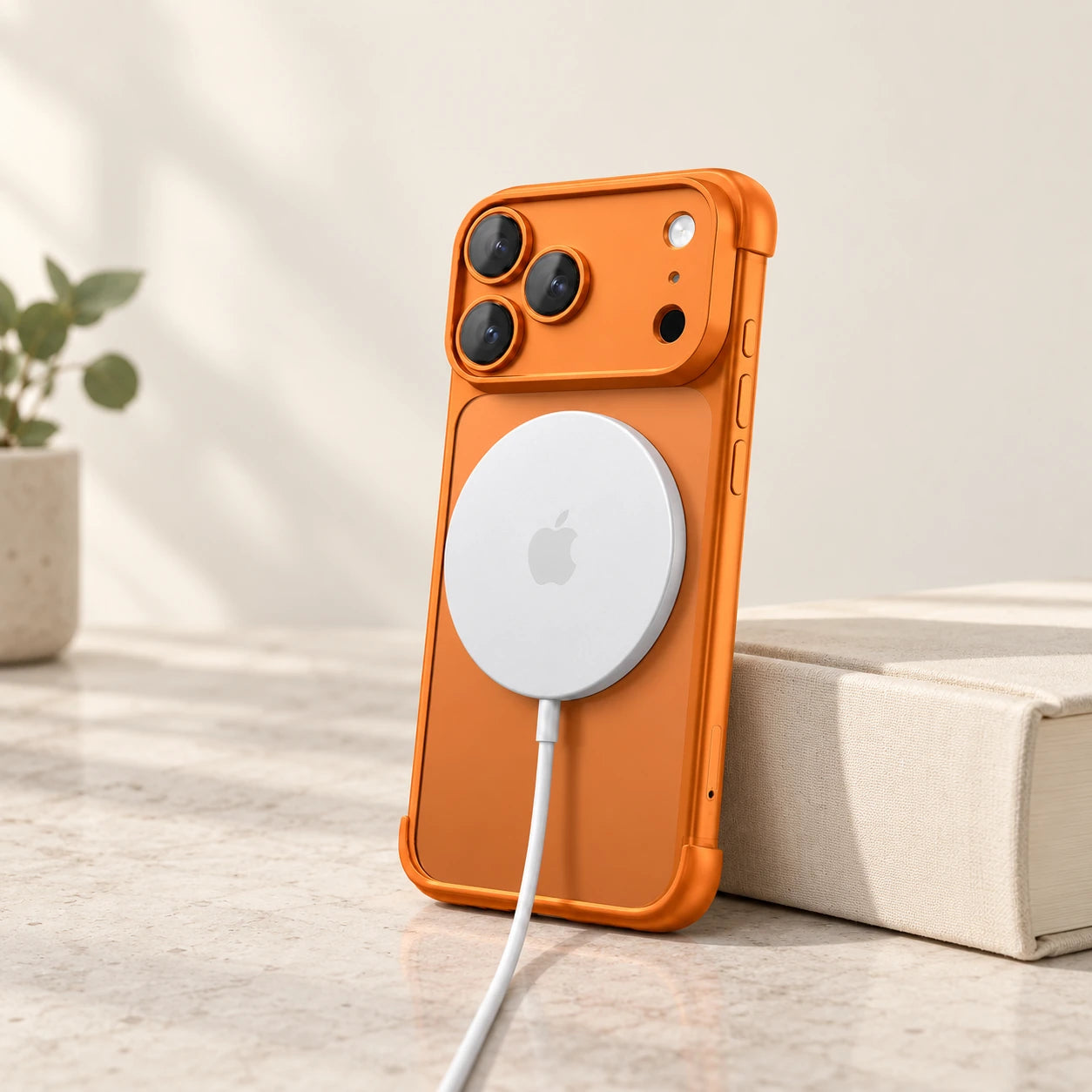 White magnetic charging puck on an orange phone with minimal top, bottom and camera guards.