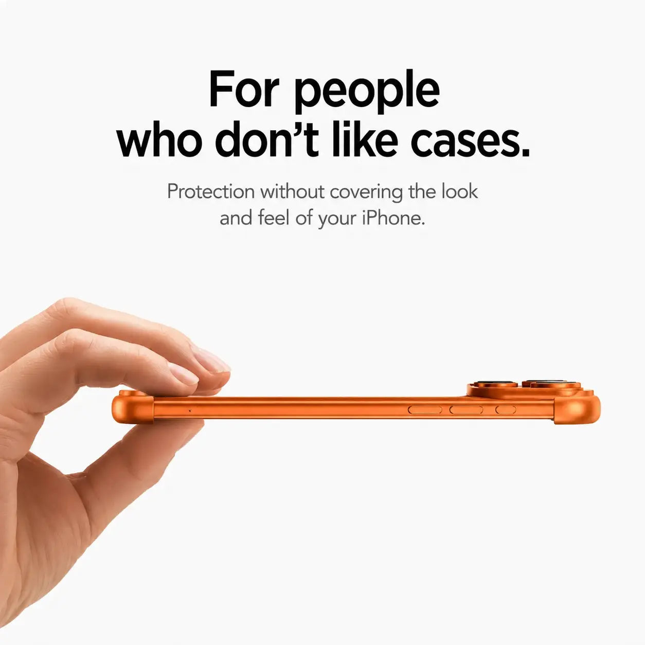 Orange slim phone bumper held horizontally to show its thin side profile #color_Cosmic Orange