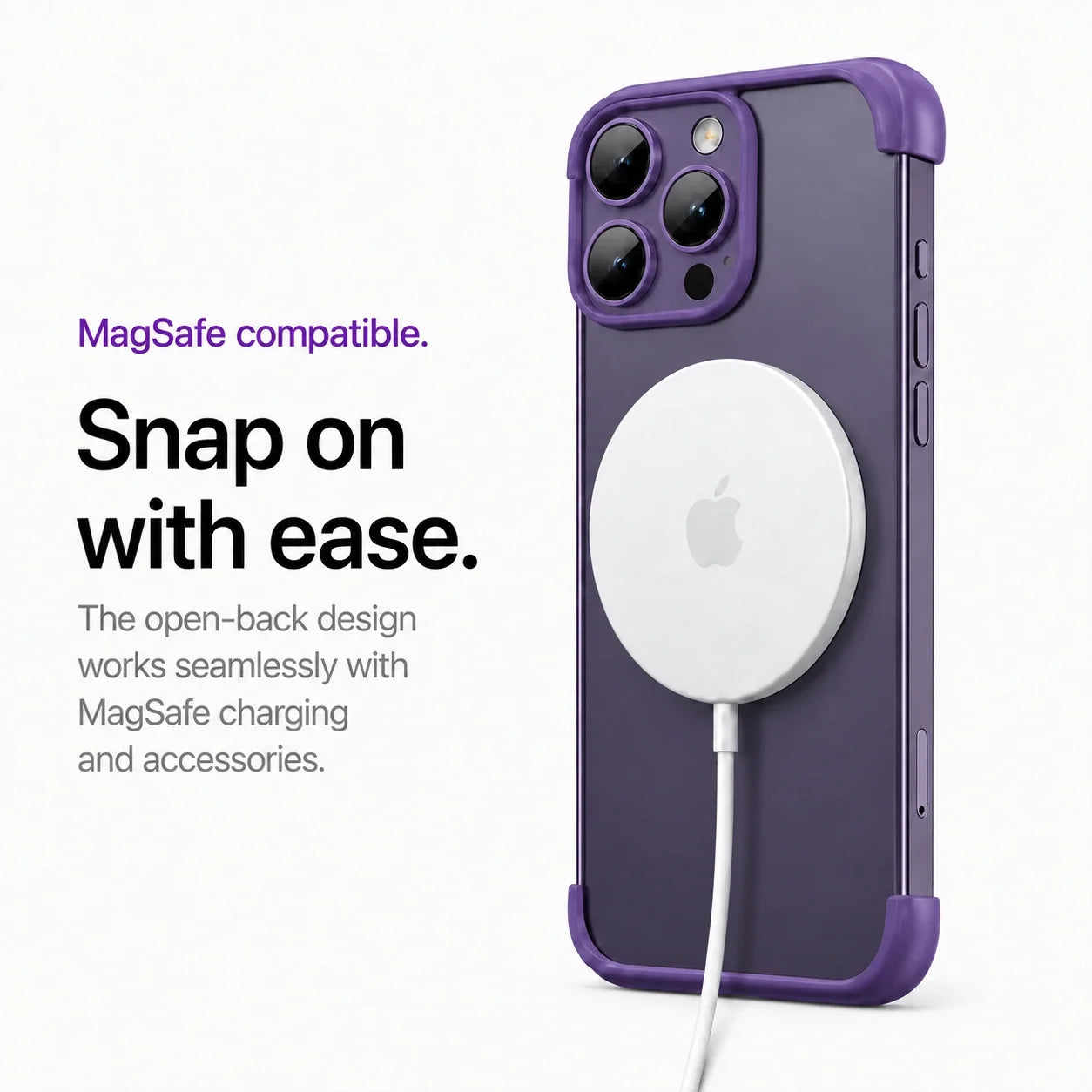 Purple open-back phone bumper attached to a white magnetic wireless charging puck #color_Lavender