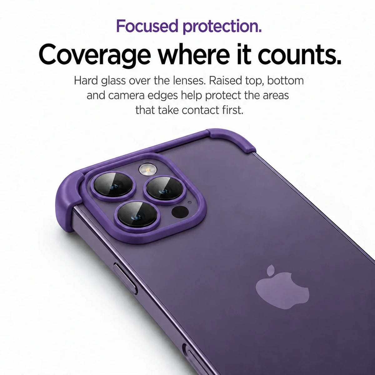 Purple phone bumper in close-up showing the raised camera surround and clear lens covers #color_Lavender