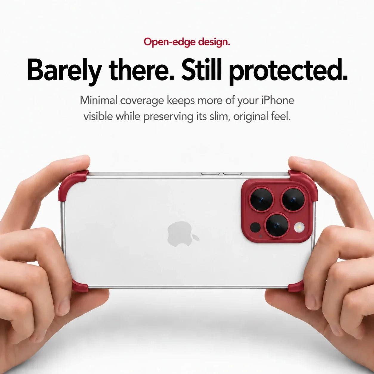 Red open-back phone bumper held horizontally in two hands #color_Crimson Red