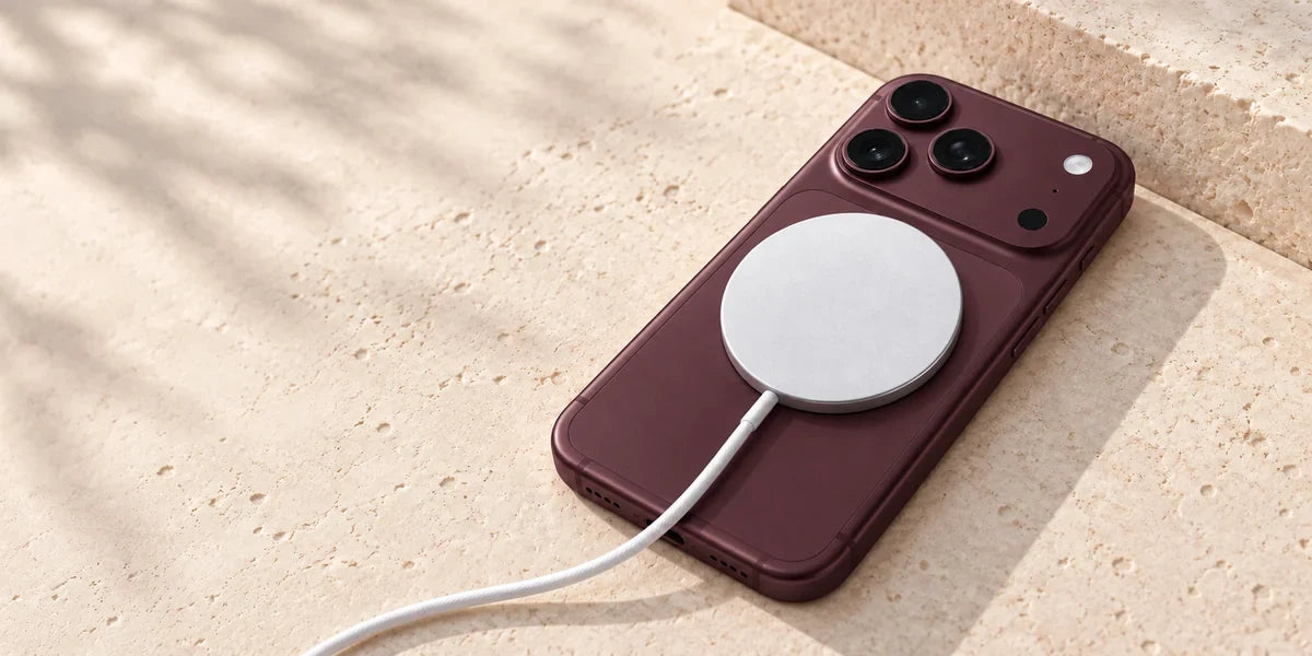 Silver and white charging puck attached to the back of an orange phone.