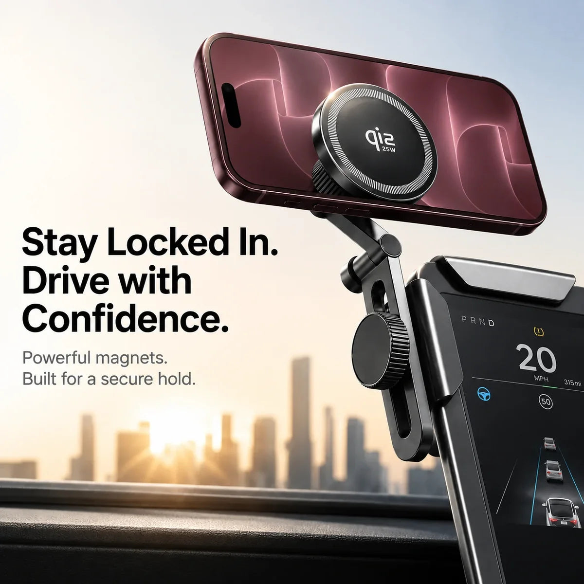 Black Tesla magnetic car charger with a Burgundy iPhone.