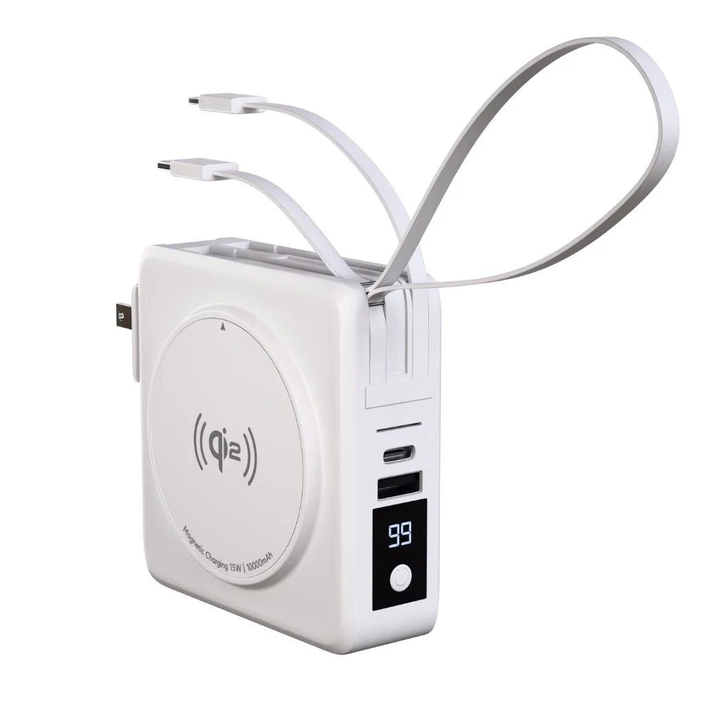 Arctic White travel power bank with extended charging cables #color_Arctic White